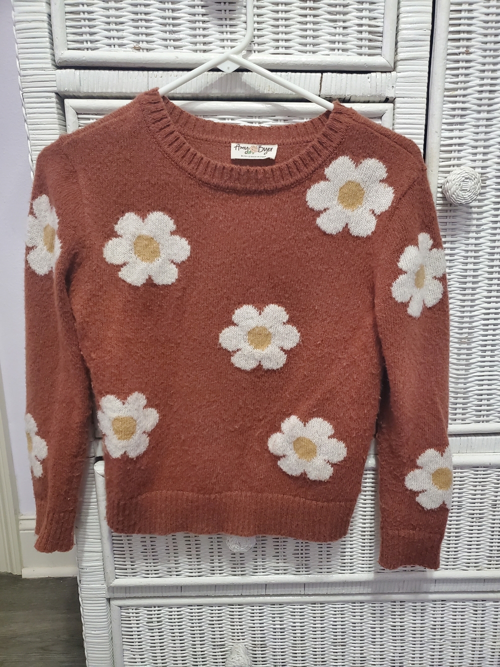Rust Orange Crewneck Sweater with White and Gold Daisy
